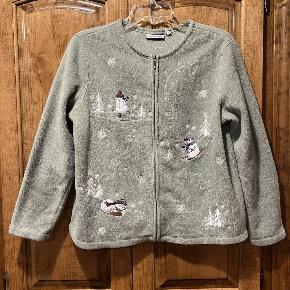 Croft & Barrow Women's Light Green Zip Fleece Jacket Snowman Christmas Winter PM